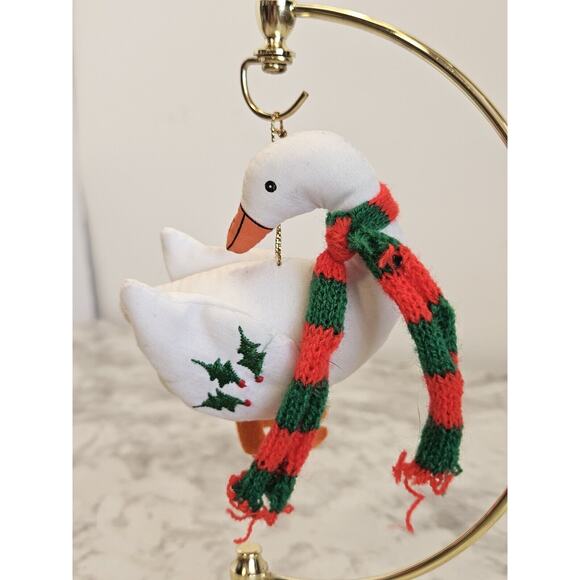 Vtg Christmas Ornament Goose Wearing Holiday Scarf Handmade Embroidered Holly - Picture 4 of 6